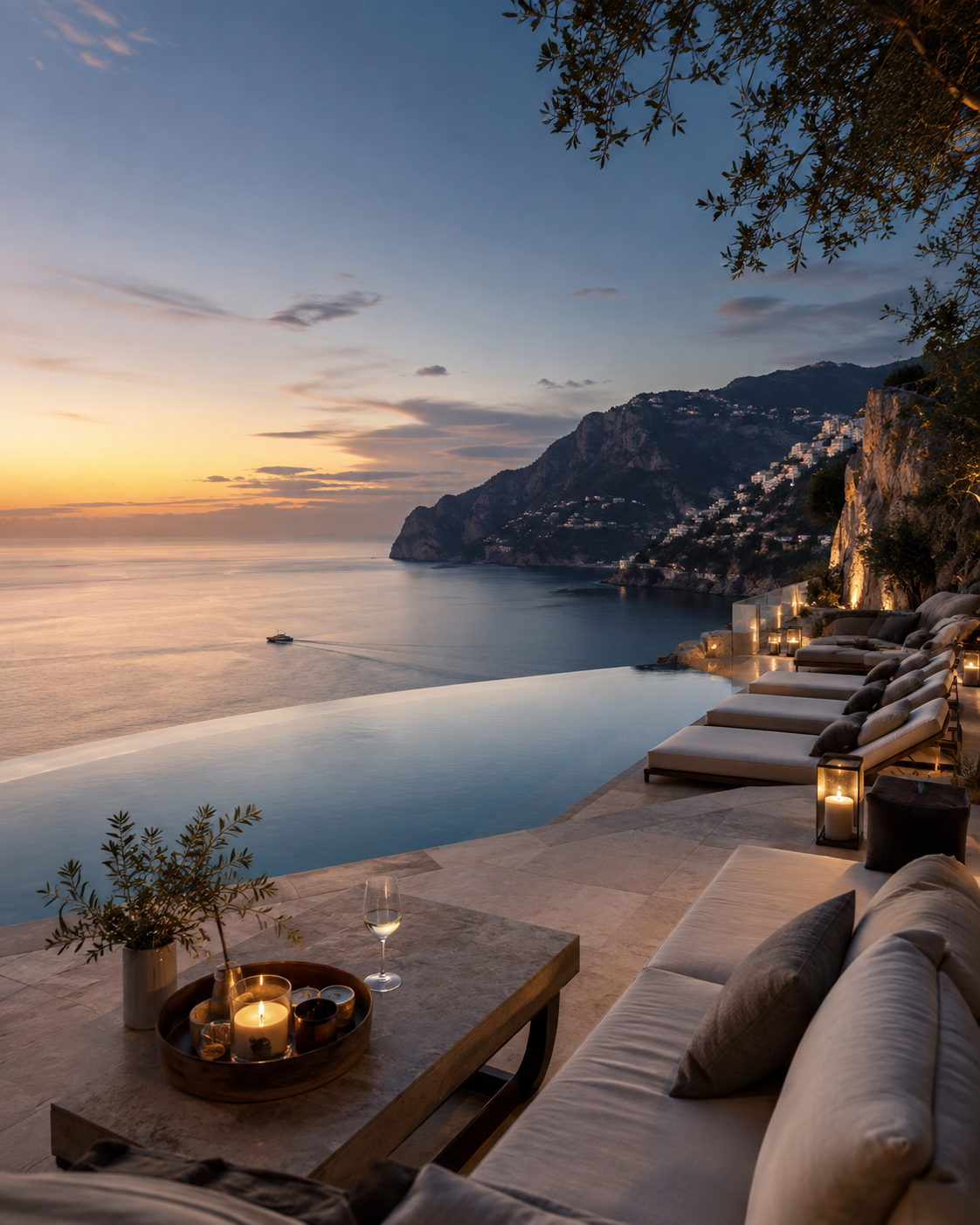 Coastal terrace overlooking the sea at sunset